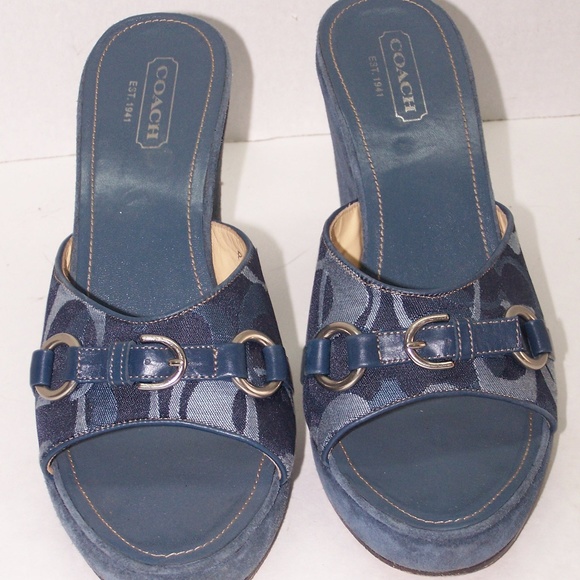 Coach Chris Sig C Canvas Blue Suede Wedge Slides - Picture 3 of 5